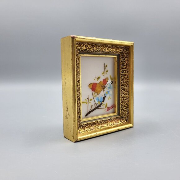 Verilyn Gallery Spain Signed Art Hand Painted Butterfly Flowers Gold Frame 3x4 - Picture 12 of 13